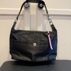 Coach Hampton Satin Hobo Purse Handbag Shoulder Bag Black w/Lilac Lining